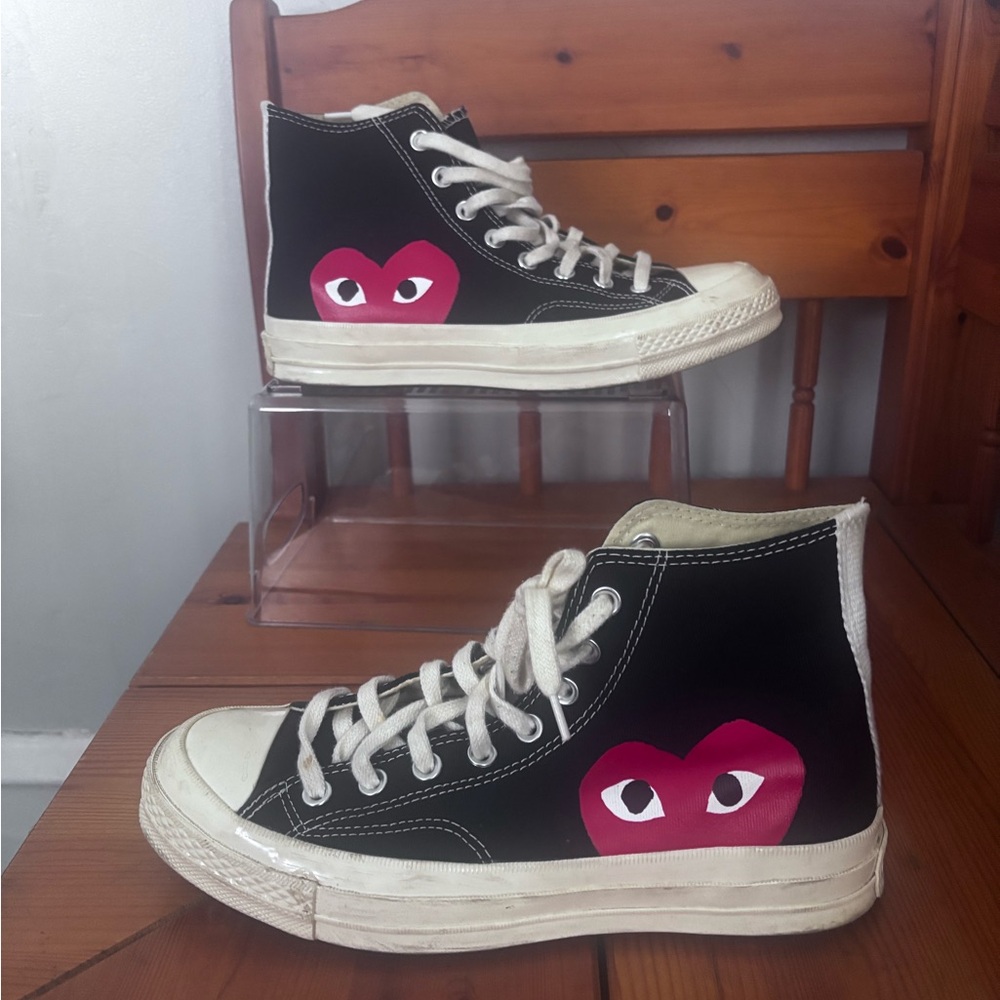 Converse Black and Cream High-Tops with Pink Heart